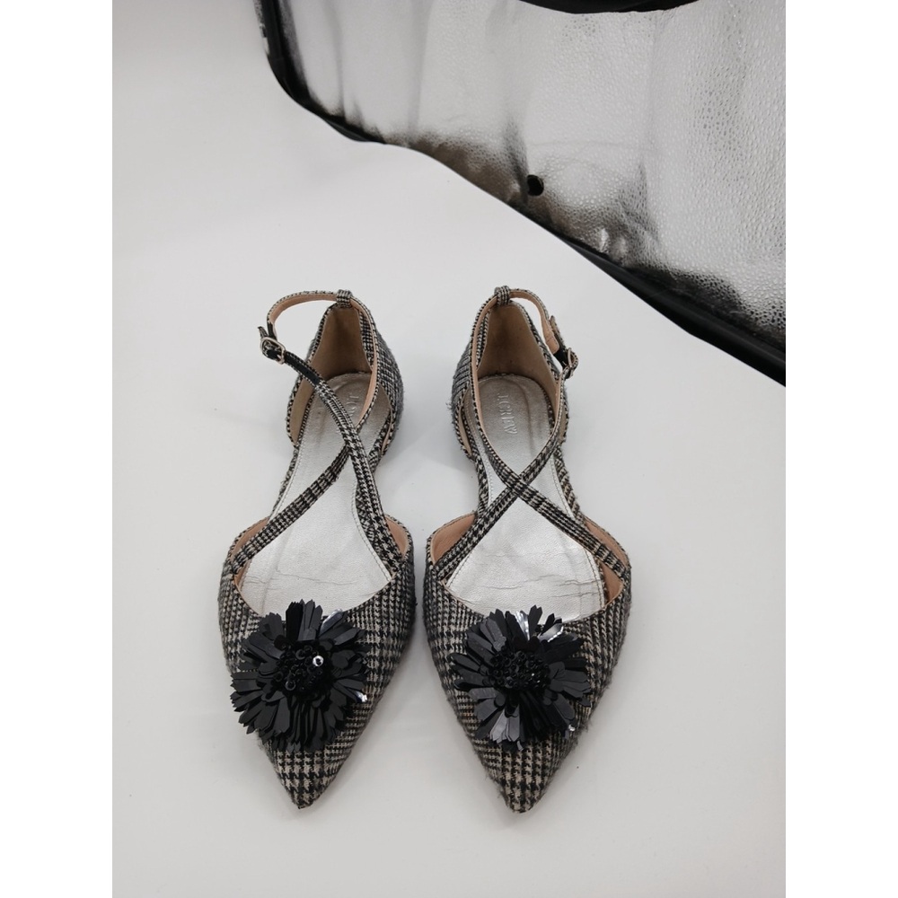 J.Crew Size 8 M Black White Pointy Audrey Sadie Cross Strap G7881 Flat Shoes